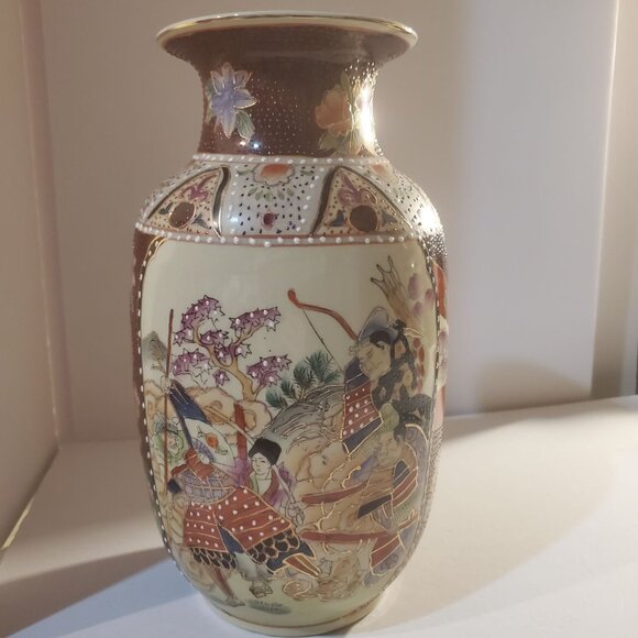 Vintage Chinese Satsuma Vase Porcelain Painted Moriage Gilt Geisha 12'' Tall - Picture 7 of 9